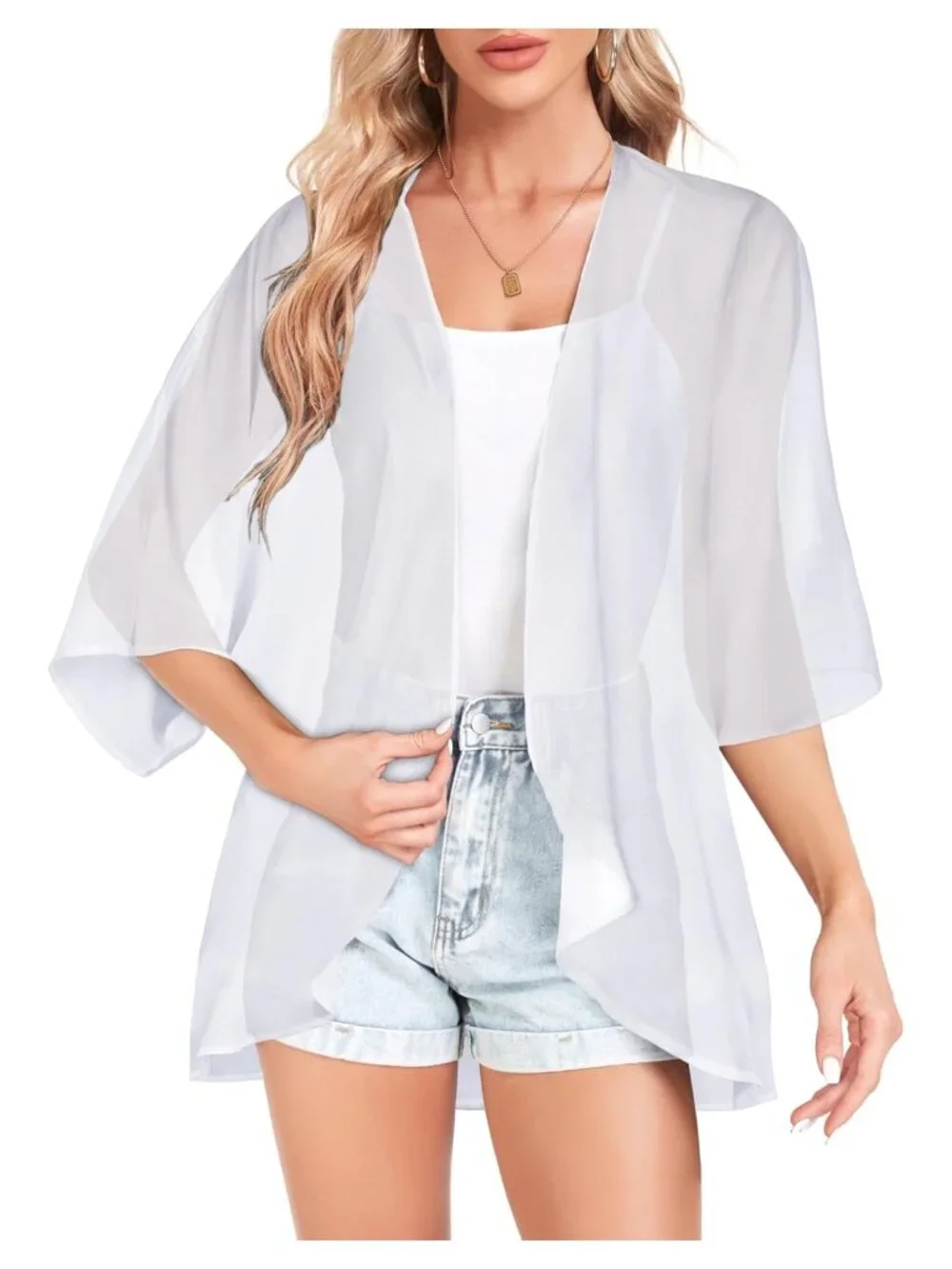Women Chiffon Kimono Cardigan Open Front 3/4 Sleeve Swim Cover Up